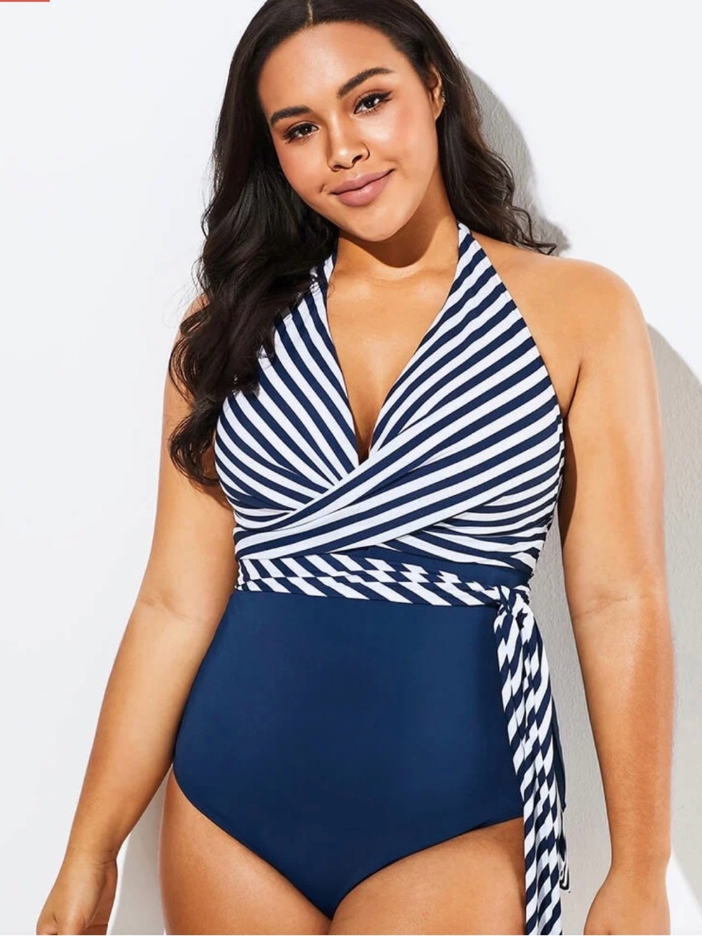Striped Halter Wrap One-Piece Swimsuit in Navy & White XL (1X)